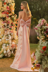 Sparkly Floral Blush Mermaid Halter Long Corset Prom Dress with Bow