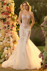 Sparkly Floral White Pink Mermaid Tulle Long Corset Prom Dress with Beading