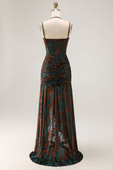 Dark Green Corset Floral Sheath Long Wedding Guest Dress with Slit