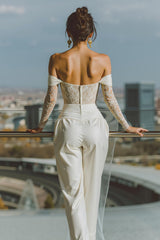 White Off the Shoulder Bridal Jumpsuits with Lace