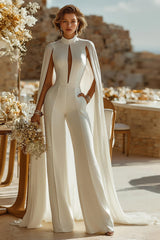 Ivory High Neck Keyhole Bridal Jumpsuits with Pockets