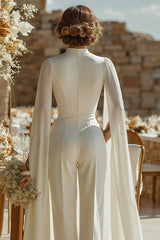 Ivory High Neck Keyhole Bridal Jumpsuits with Pockets