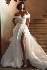White A Line Off the Shoulder Sweep Train Wedding Dress with Slit