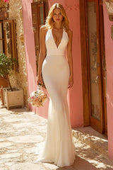Simple Ivory Halter Mermaid Sweep Train Wedding Dress