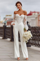 White Off the Shoulder Long Sleeves Bridal Jumpsuits with Lace