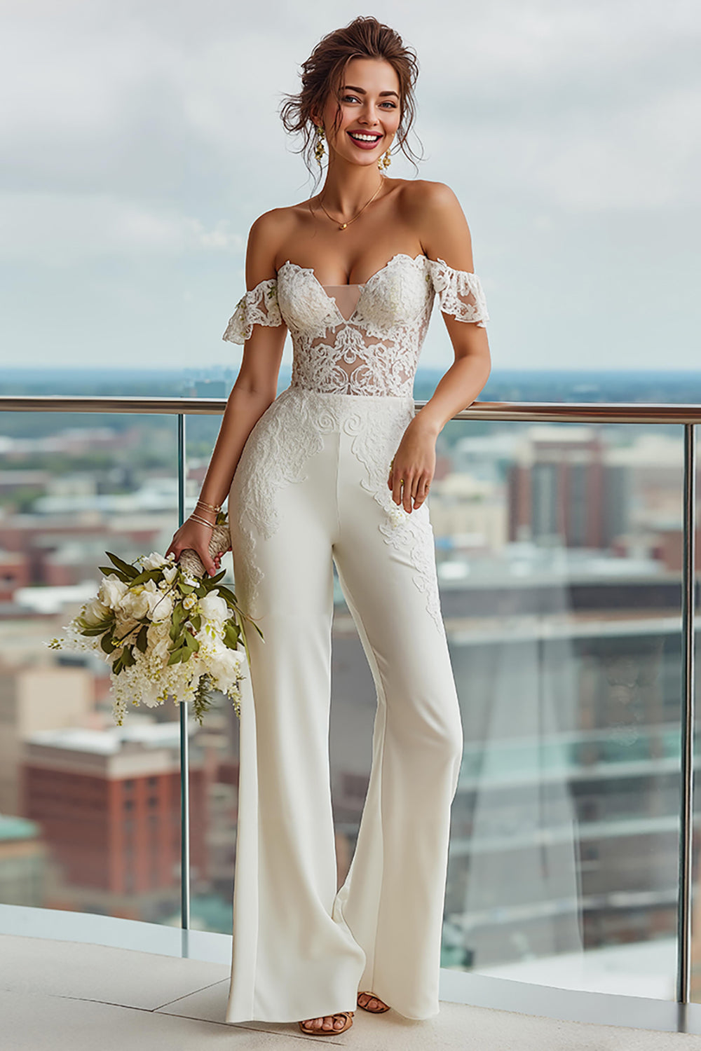 Ivory Off the Shoulder Backless Bridal Jumpsuits with Lace