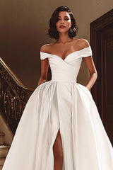 White Satin A Line Off the Shoulder Sweep Train Wedding Dress with Slit