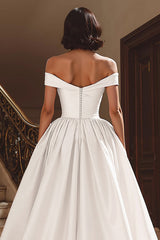 White Satin A Line Off the Shoulder Sweep Train Wedding Dress with Slit