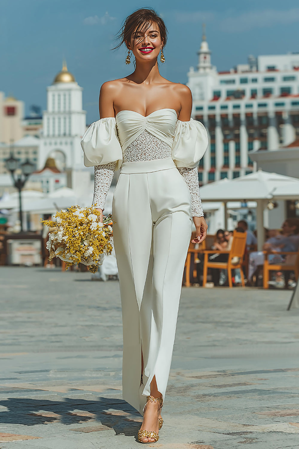 White Sweetheart Puff Sleeves Bridal Jumpsuits with Lace