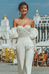 White Sweetheart Puff Sleeves Bridal Jumpsuits with Lace