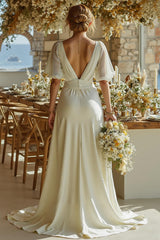 Ivory Deep V-Neck Short Sleeves Bridal Jumpsuits with Cape