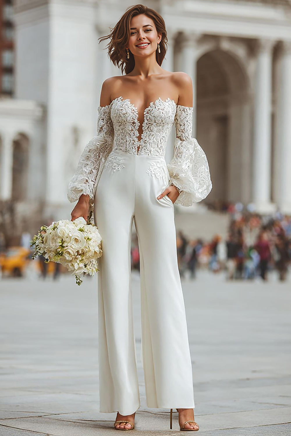 White Appliqued Long Sleeves Bridal Jumpsuits with Pockets