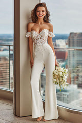 White Lace Off the Shoulder Bridal Jumpsuits