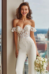 White Lace Off the Shoulder Bridal Jumpsuits
