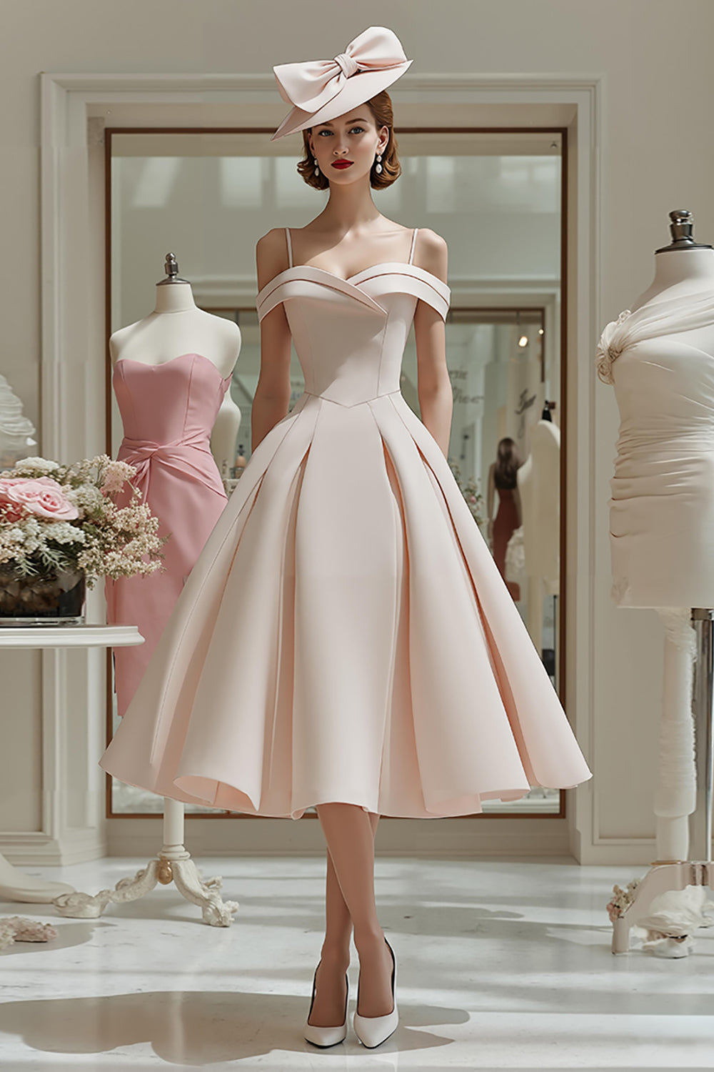 Candy Pink Cold Shoulder A Line Midi Mother of the Bride Dress