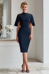 Sparkly Navy Bodycon Beaded Midi Mother of the Bride Dress with Sleeves