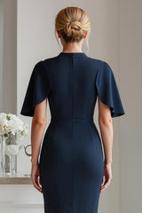 Sparkly Navy Bodycon Beaded Midi Mother of the Bride Dress with Sleeves