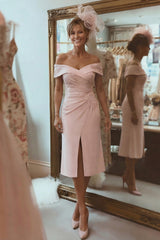 Blush Pink Ruched Off the Shoulder Midi Mother of the Bride Dress with Slit