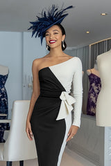 Black and White Bodycon One Shoulder Midi Mother of the Bride Dress with Sleeves
