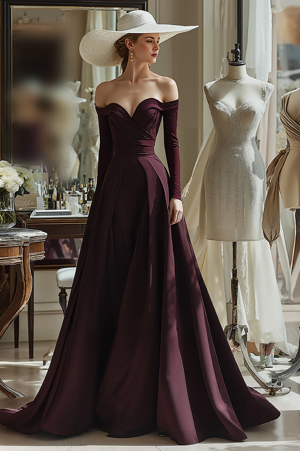 Cabernet A Line Satin Off the Shoulder Long Sleeves Mother of the Bride Dress