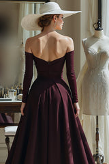 Cabernet A Line Satin Off the Shoulder Long Sleeves Mother of the Bride Dress