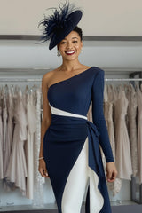 White Navy One Shoulder Satin Midi Mother of the Bride Dress with Side Cape