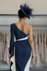 White Navy One Shoulder Satin Midi Mother of the Bride Dress with Side Cape