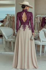 Purple Apricot Lace High Neck Long Sleeves Mother of the Bride Jumpsuits
