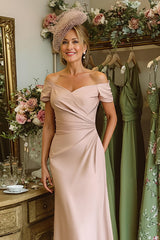 Dusty Rose Satin Ruched Off the Shoulder Midi Mother of the Bride Dress
