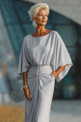 Silver Sheath Boat Neck Ruched Long Mother of the Bride Dress with Pocket