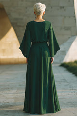 Dark Green Flowy Round Neck Long Mother of the Bride Dress with Pockets