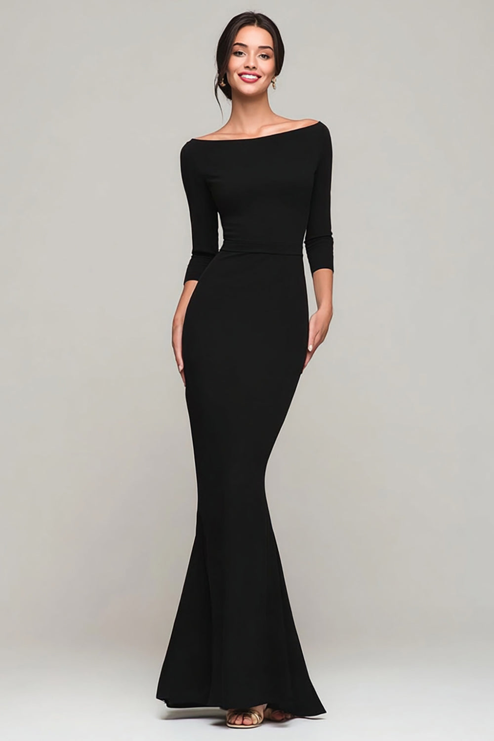 Black Boat Neck Mermaid Long Formal Dress with Sleeves