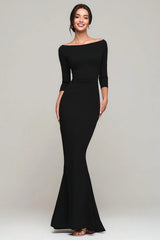 Black Boat Neck Mermaid Long Formal Dress with Sleeves