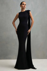 Black Round Neck Mermaid Long Formal Dress with Side Cape