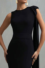 Black Round Neck Mermaid Long Formal Dress with Side Cape