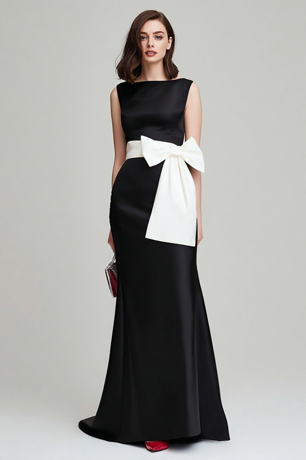 Black and White Mermaid Boat Neck Long Formal Dress with Bow