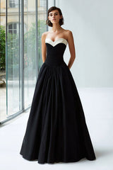 Black and White A Line Sweetheart Satin Long Formal Dress