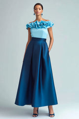 Sky Blue and Dark Blue Ruffled A Line Satin Long Formal Dress