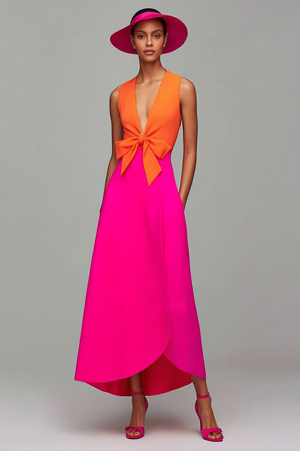 Orange and Fuchsia Deep V-Neck Long Formal Dress with Bow