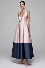 Pink and Navy Satin A Line Patchwork Long Formal Dress