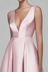 Pink and Navy Satin A Line Patchwork Long Formal Dress