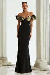 Glitter Black Off the Shoulder Mermaid Long Formal Dress