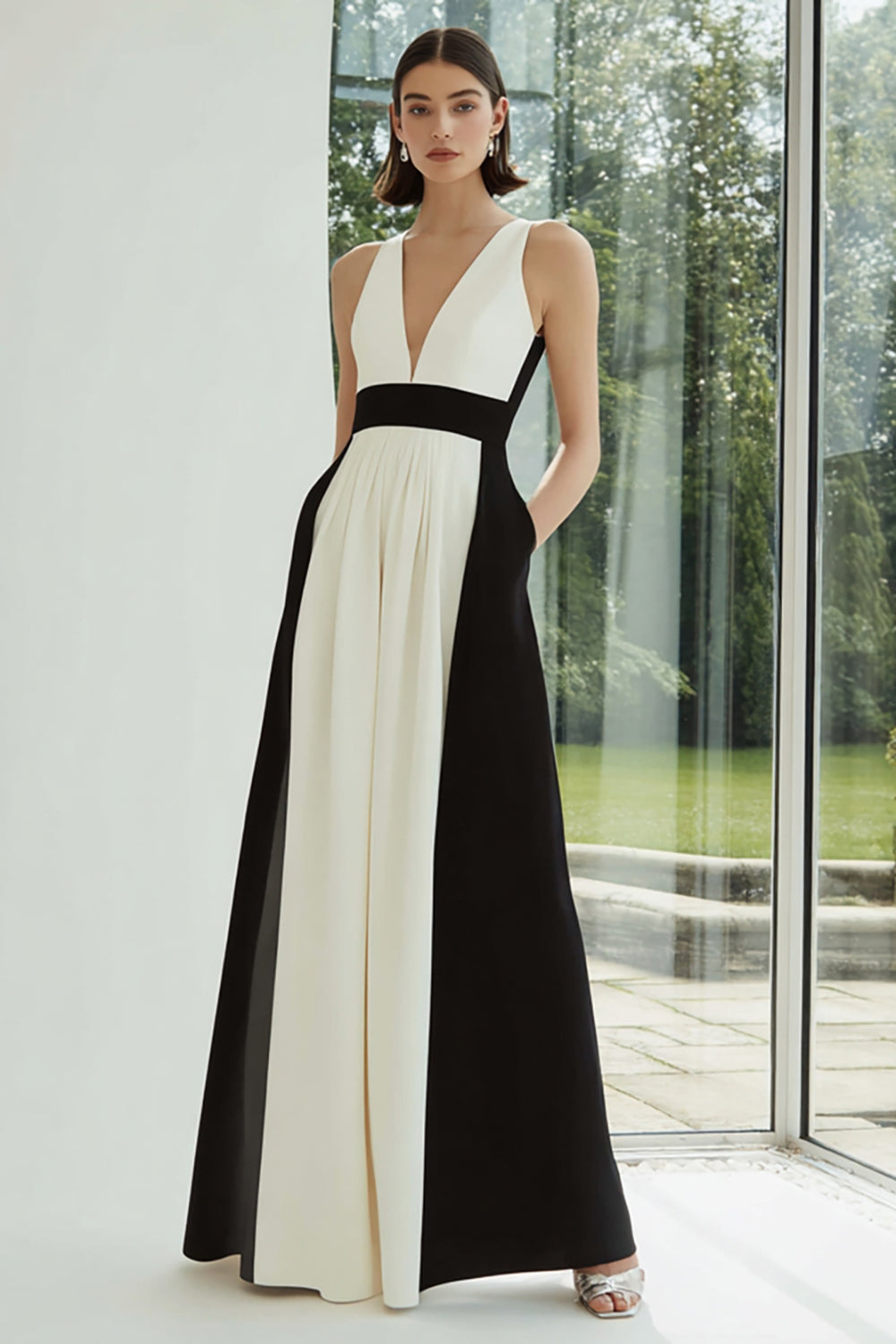 Black and White V-Neck Patchwork Long Formal Dress with Pockets