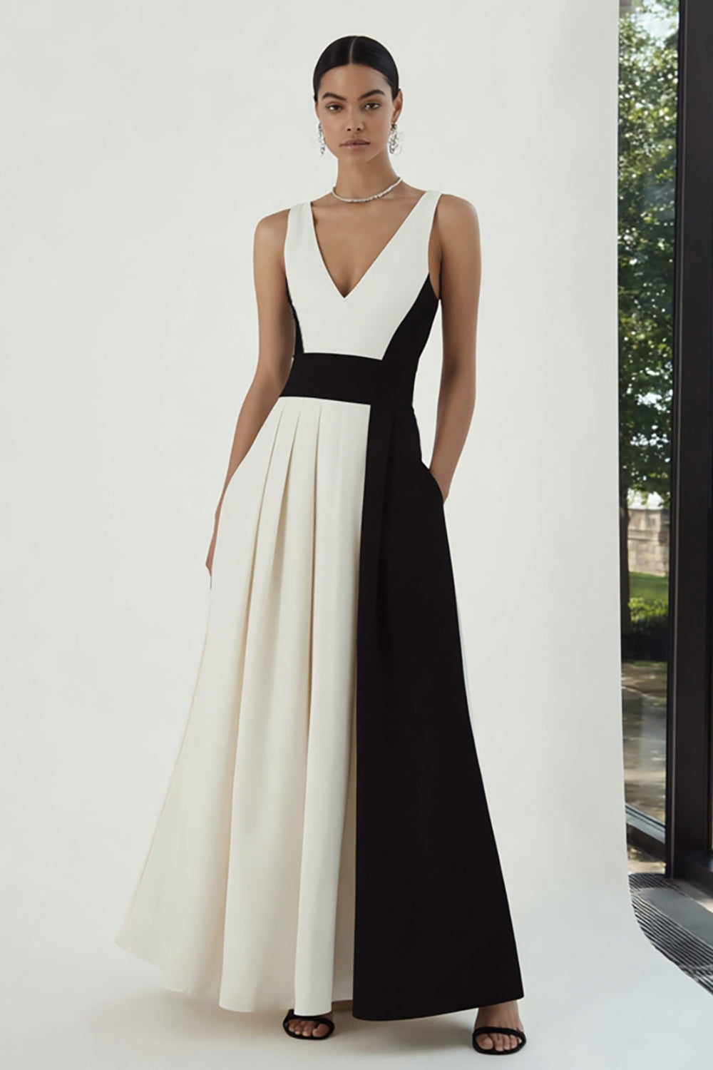 Black and White A Line Patchwork Long Formal Dress with Pockets