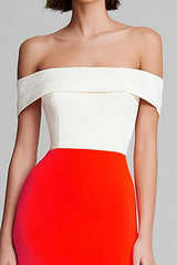 Simple Ivory and Orange Off the Shoulder Sheath Long Formal Dress