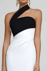 Simple Black and White Mermaid One Shoulder Long Formal Dress