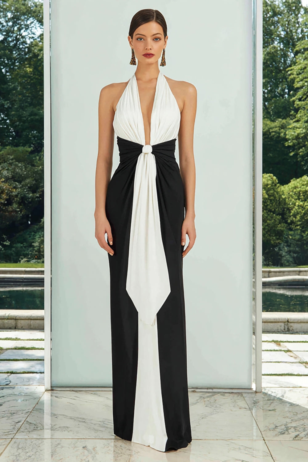 Black and White Deep V-Neck Ruched Sheath Long Formal Dress