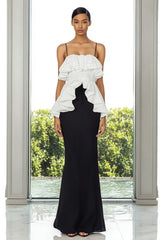 Black and White Spaghetti Straps Long Formal Dress with Ruffles