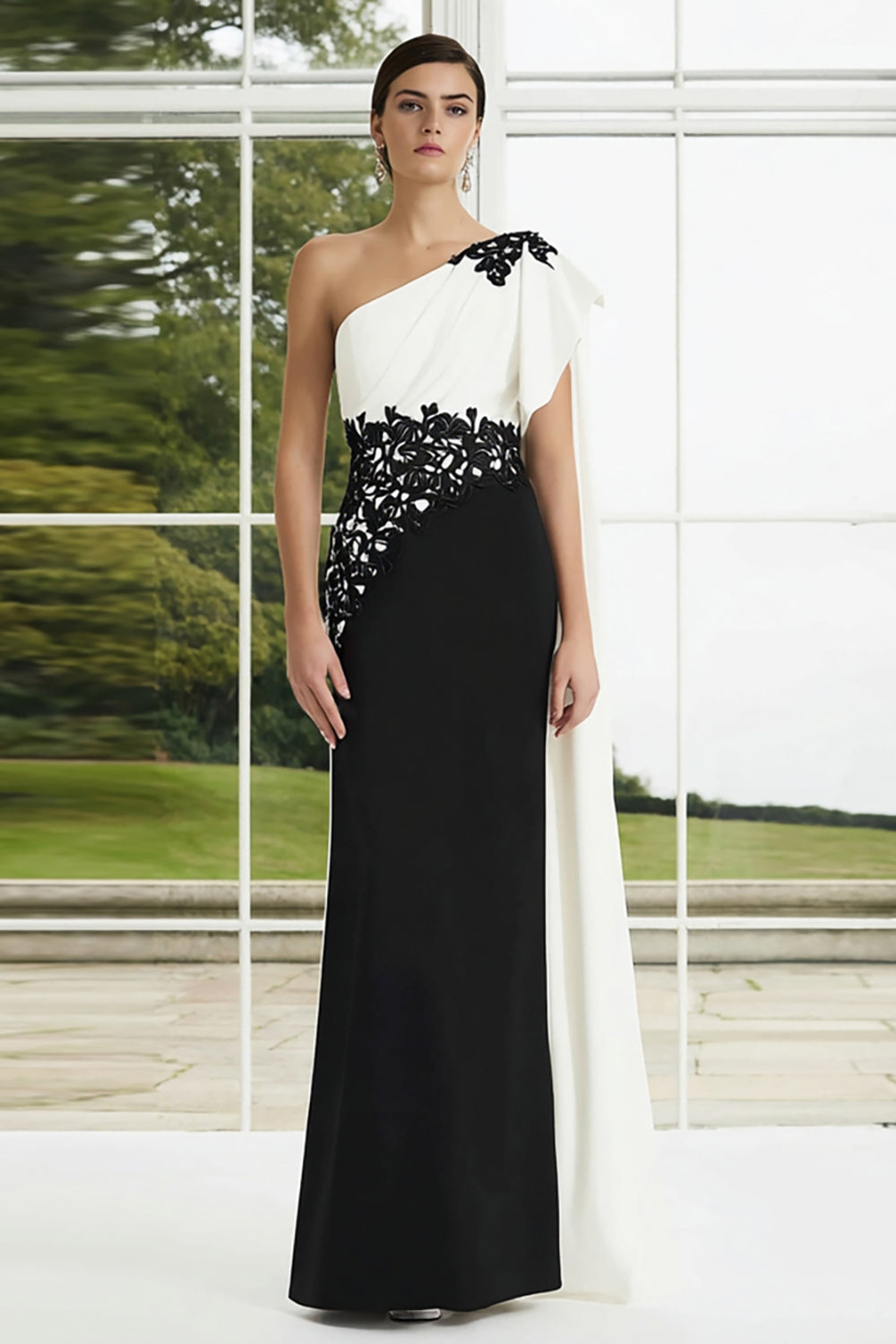 Black and White One Shoulder Appliqued Long Formal Dress with Side Cape