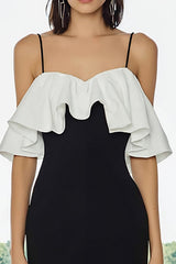 Black and White Cold Shoulder Pencil Midi Formal Dress with Ruffles